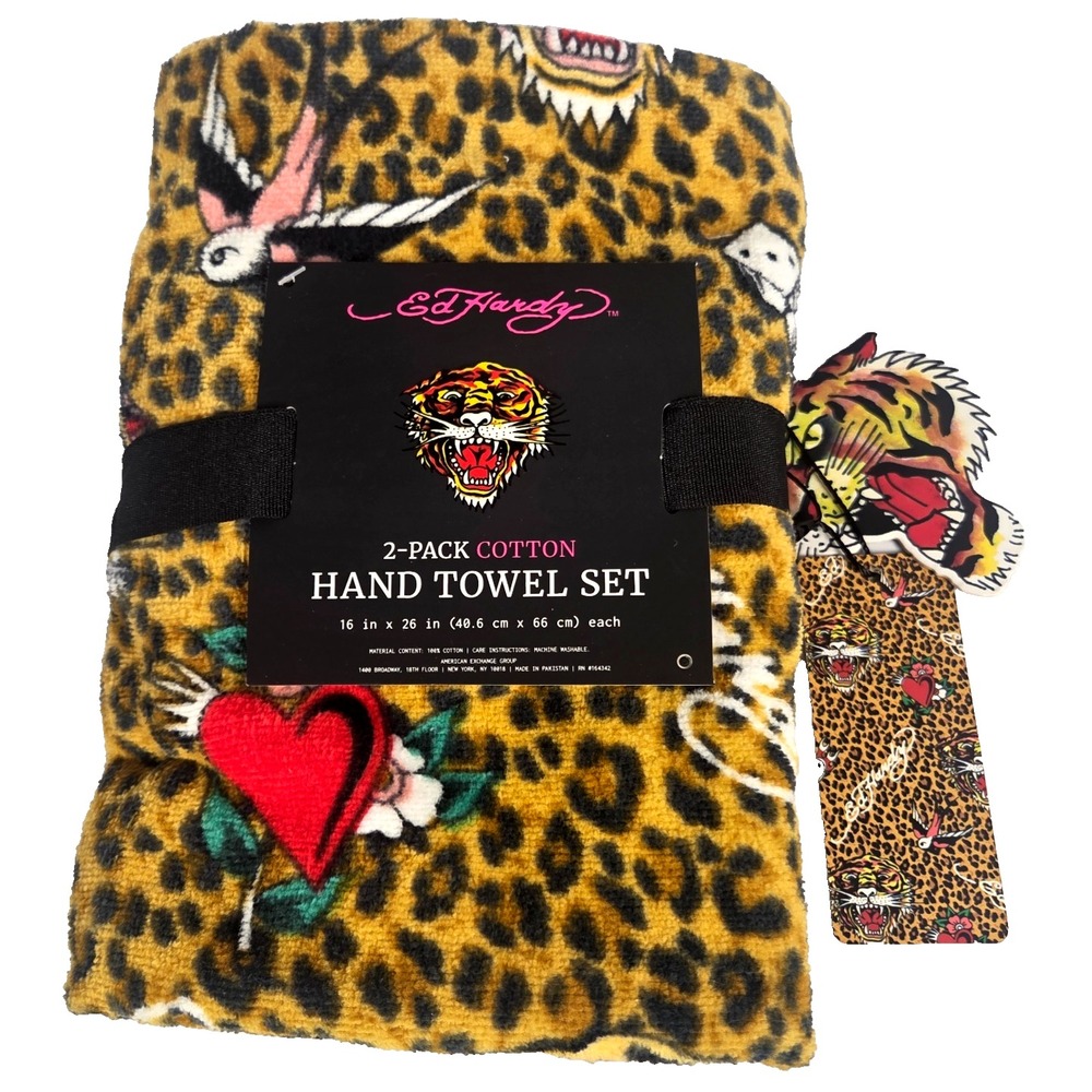 Ed Hardy Tiger Leopard Hand Towels 2 Pack 16x26 Cotton Tattoo Y2K NWT